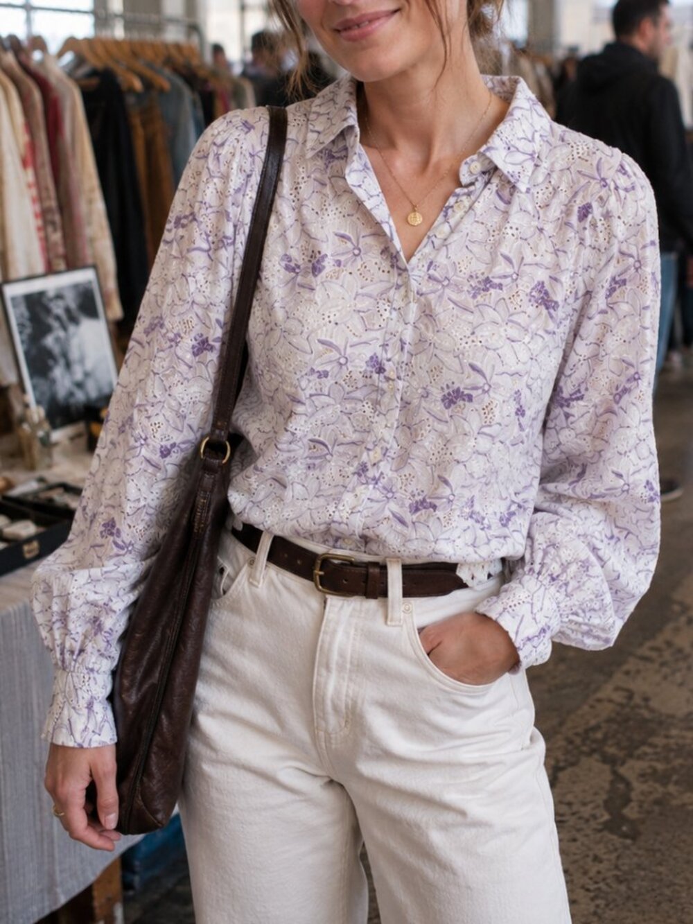 YAS Cotton Floral Eyelet Blouse L White Purple Romantic